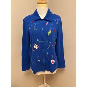 Onque Casuals Royal Blue Button Front Embroidered Christmas Sweater Sz Medium
